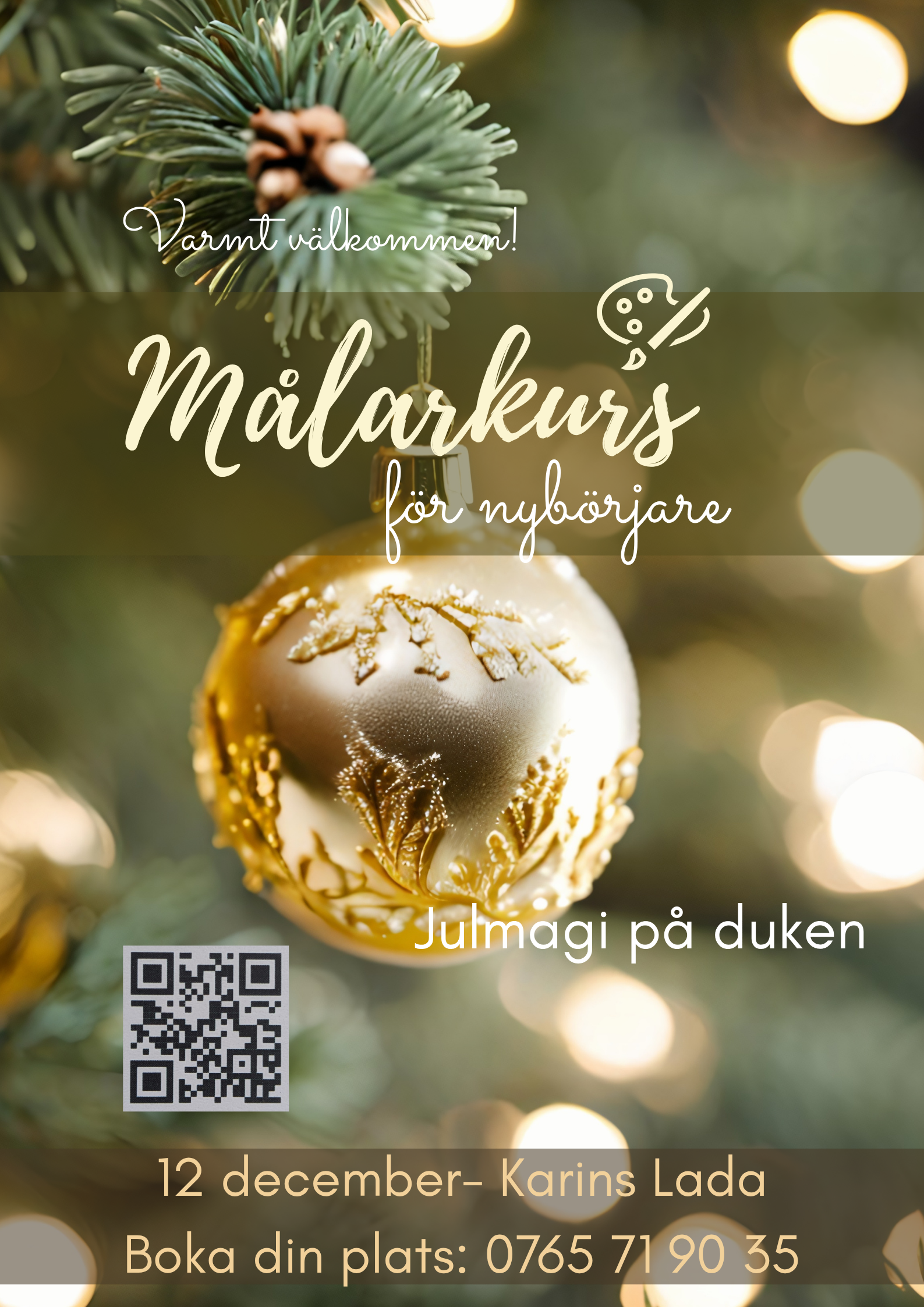 Målarkurs jul affisch Stigen där tipspromenaderna är går i gräset mellan några träd. En bit fram på stigen står en svartvit papillon och väntar.